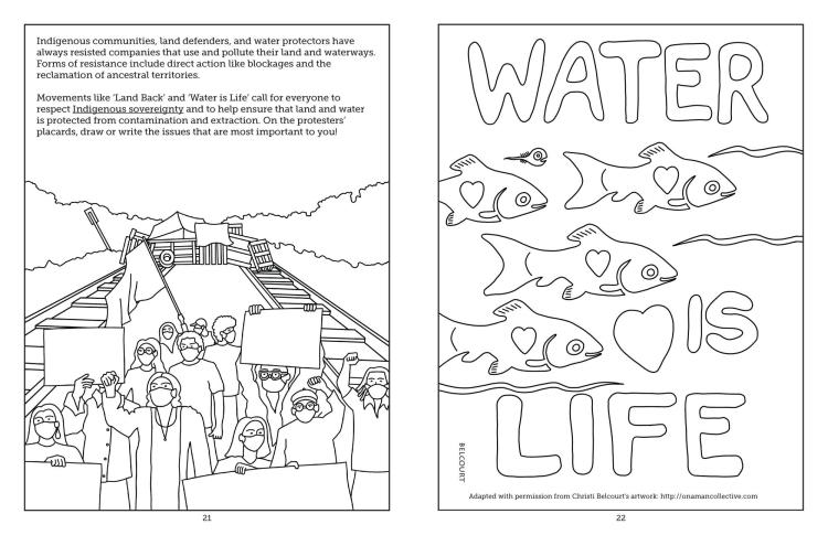 Coloring book page showing protesters to mines and "Water is Life"