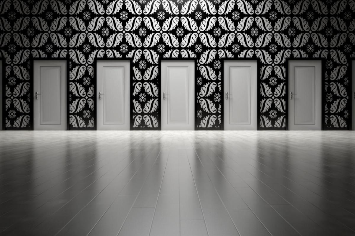 Black-and-white image of several doorways.