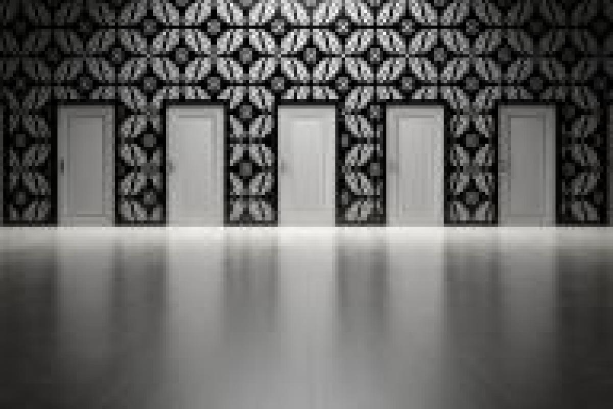 Black-and-white image of several doorways.