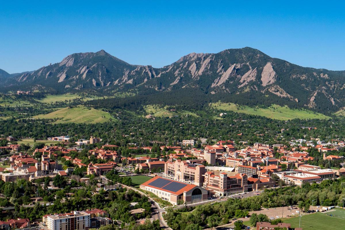 Aerial image of CU Boulder campus with the Flatirons in the background