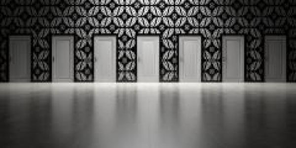 Black-and-white image of several doorways.