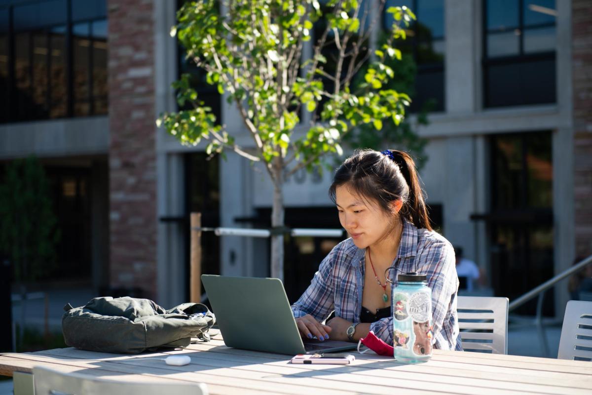 Student working outdoors with a laptop