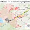 A map depicting the locations of the surface water samples collected from the Coal Creek waterway shortly after the Marshall Fire.