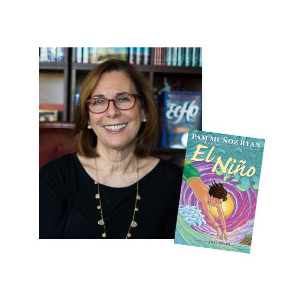 Photograph of Pam Muñoz Ryan with her book, El Niño