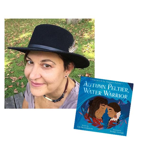 Photograph of Carole Lindstrom with her book, 'Autumn Peltier, Water Warrior'