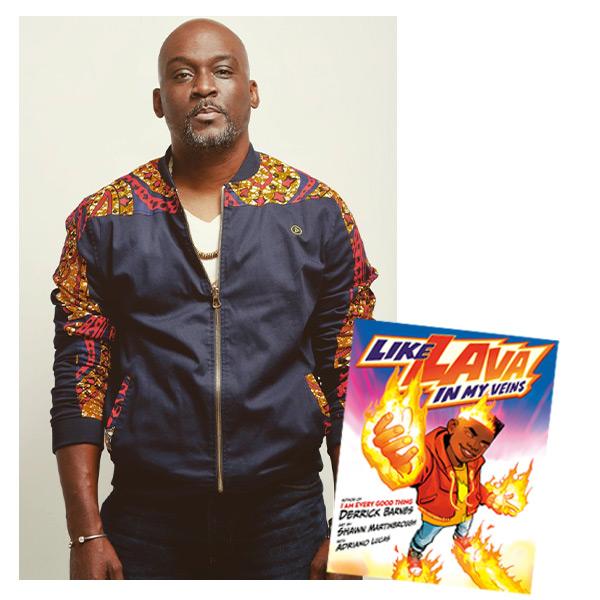 Photograph of Derrick Barnes with his book 'Like Lava In My Veins'