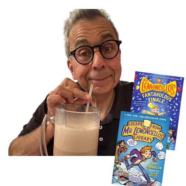 Photograph of Author Chris Grabenstein with his books Escape from Mr. Lemoncello's Library and Mr. Lemoncello's Fantabulous Finale