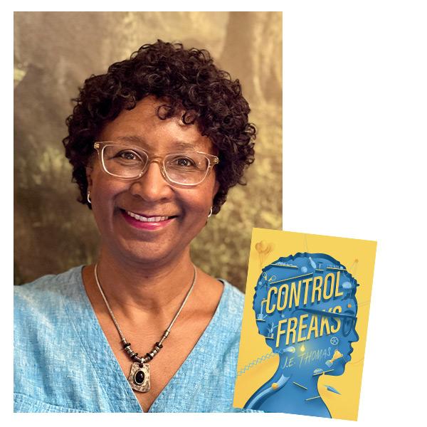 Photograph of J.E. Thomas with her book, 'Control Freaks'
