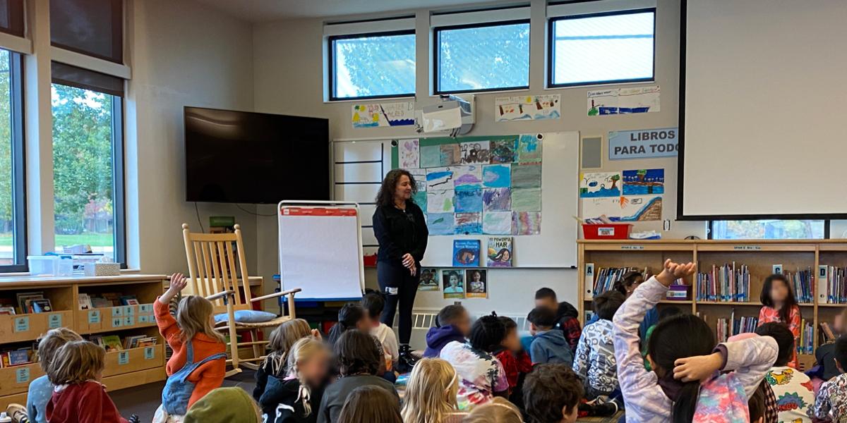 Photograph of Author Visit to Columbine ES from 2023 CBF; Credit: Carole Lindstrom