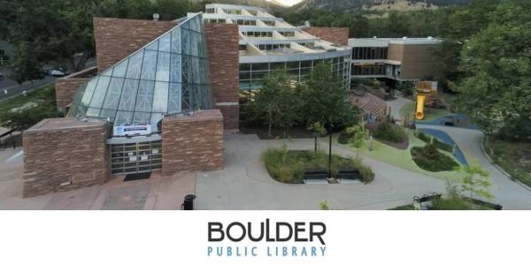 Photograph of Boulder Public Library with its logo at the bottom