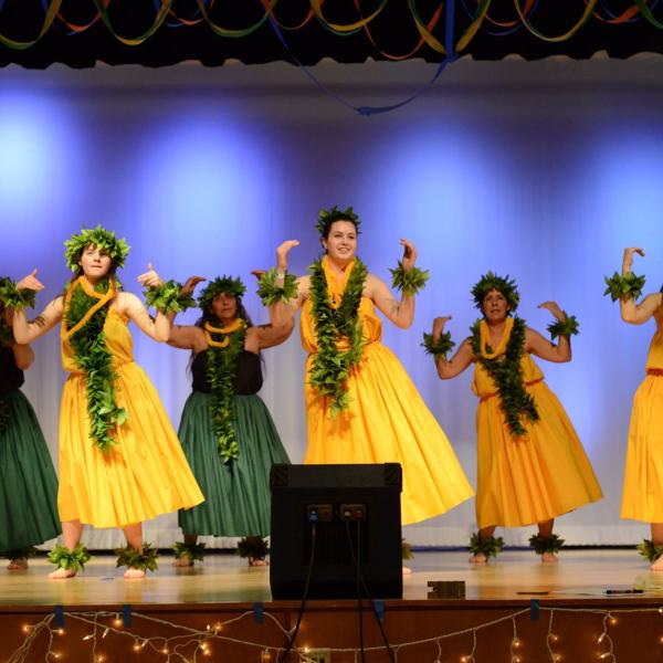 Hawaiian dancers doing a traditional performance.