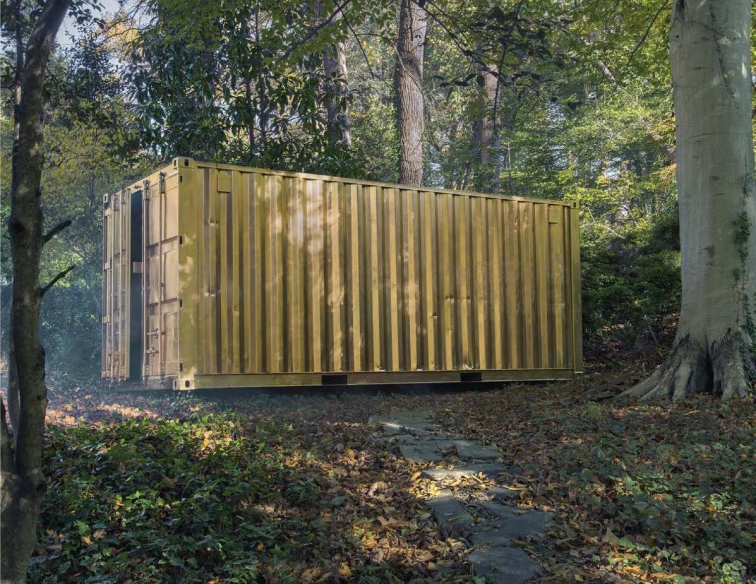 Gold shipping container, portal, in trees