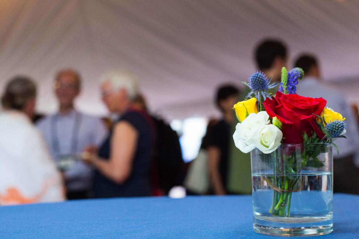 Table with small flower arrangement