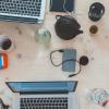 Cluttered table top.