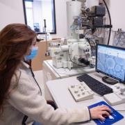 Woman in lab working on computer