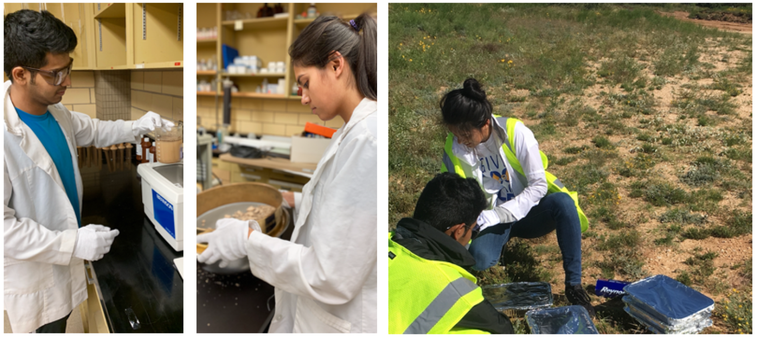 Students performing experiments in a lab and out in a field.