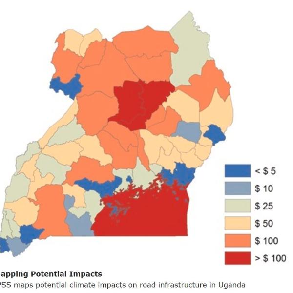 Map of impact costs in Uganda based on projected temperature changes