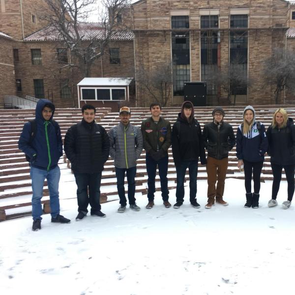 Photo of class in Mary Rippon theater in the snow while discussing changing climate impacts