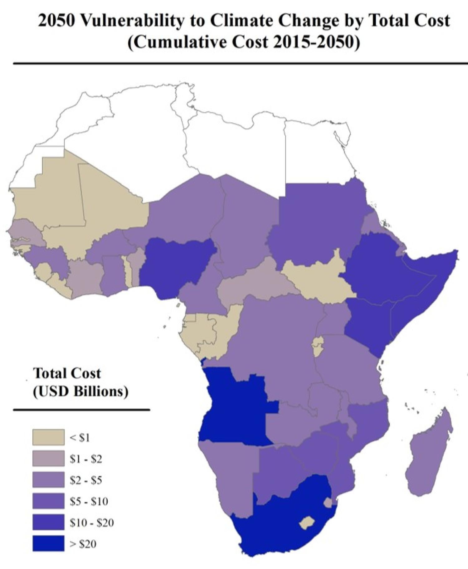 Map of 2050 Vulnerability in Africa to Climate Change by Total Cost for each country