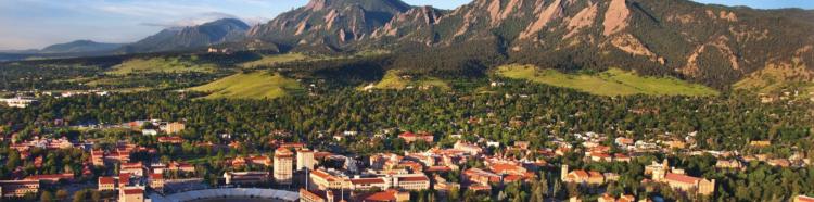 Aerial view of CU Boulder campus and flatirons