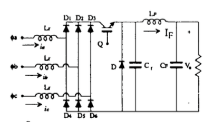 low harmonic buck rectifier model with a single switch and three-phase inputs in a parallel circuit with a resister on the other side