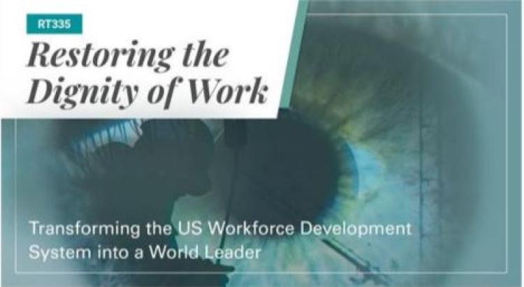 There is a close up of an eye on the background that is under a layer of teal color. A box in white is titled "Restoring the Dignity of Work"