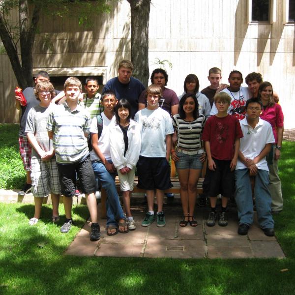 A group shot of Juliet and the participating students in the Engineering Center courtyard.