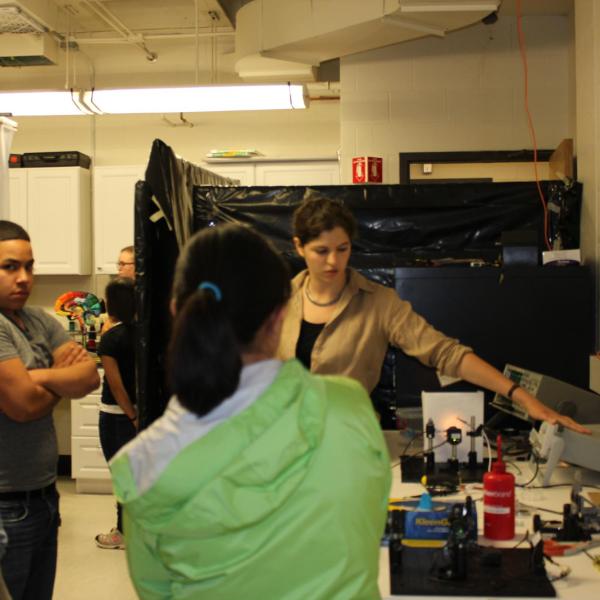 Sorraya showing the students the tunable optical elements we are developing.