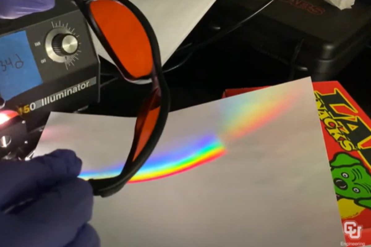 Hands holding special glasses to reflect a rainbow of light on a sheet of paper