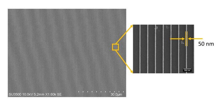 Interference lithography of photoresist showing 50 nm line width