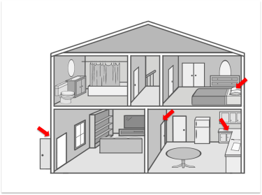 Illustration of a house with arrows denoting the various surface swab sites within the homes