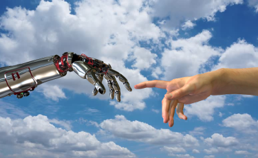 Robotic hand reaching out to a human