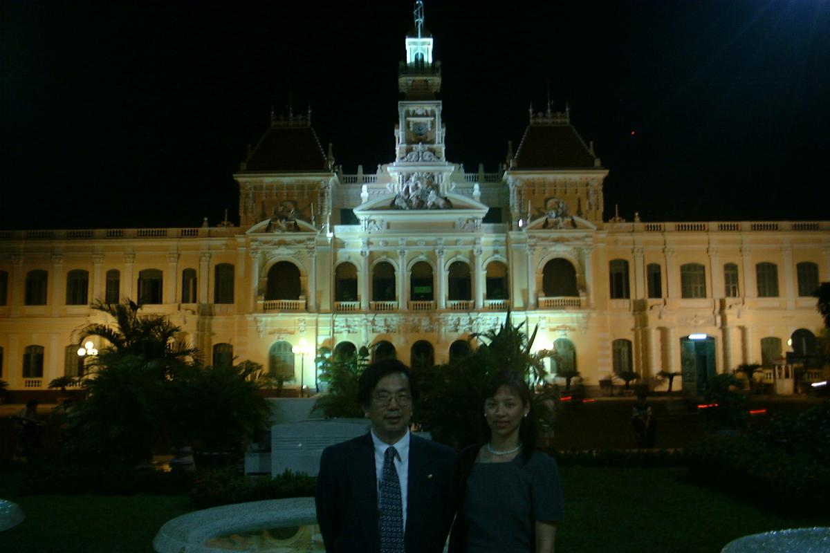 Lucy Pao and Tomizuka standing in front of city hall
