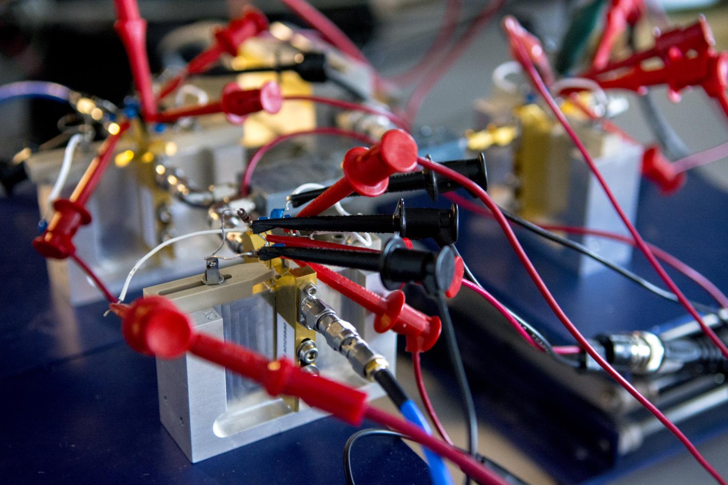 A close-up shot of wires connecting various devices in the lab