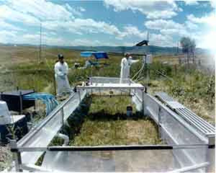 two students using an outdoor rainfall simulator