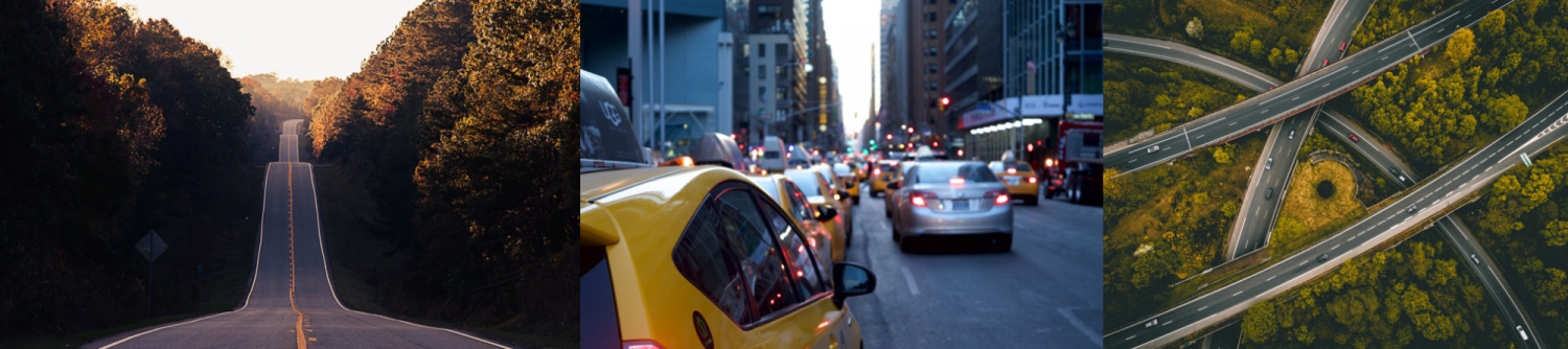 Transportation systems, a long rolling road with no cars, a busy city street and a highway interchange