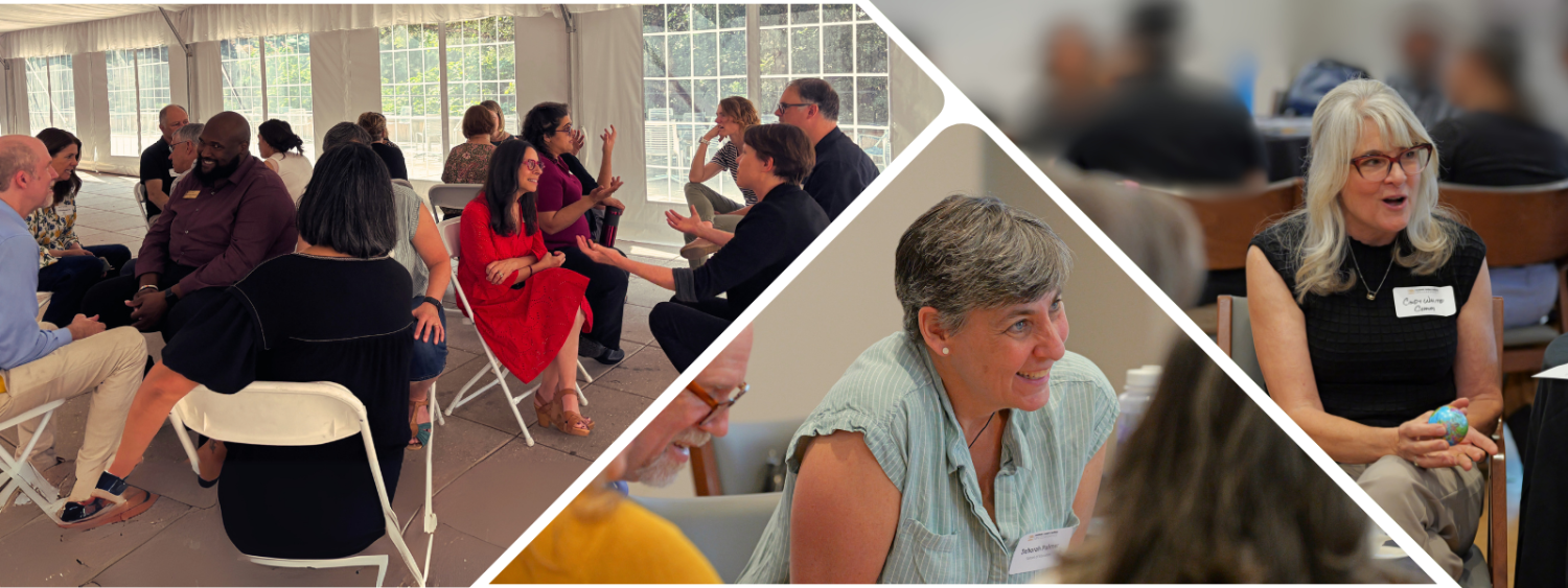 3-photo collage of faculty in conversations with others