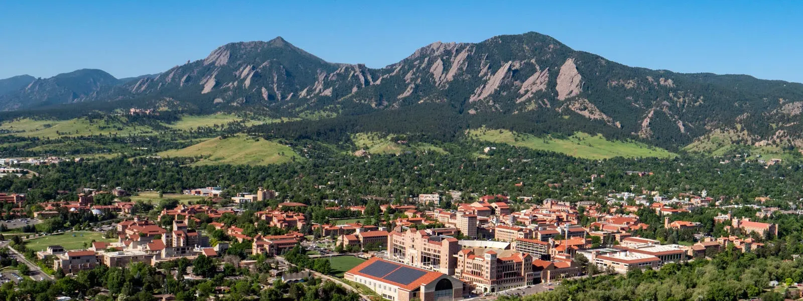 Aerial view of flatirons and CU campus