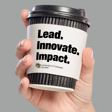 coffee cup with lead, innovate, impact written on it