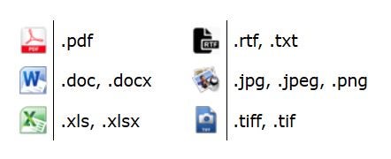 Acceptable file formats are .pdf, .doc, .docx, .xls, .xlsx, .rtf, .txt, .jpg, .jpeg, .png, .tiff, .tif