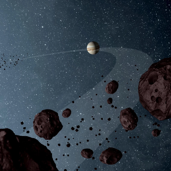 Artist illustration of the trojan asteroids with Jupiter in view