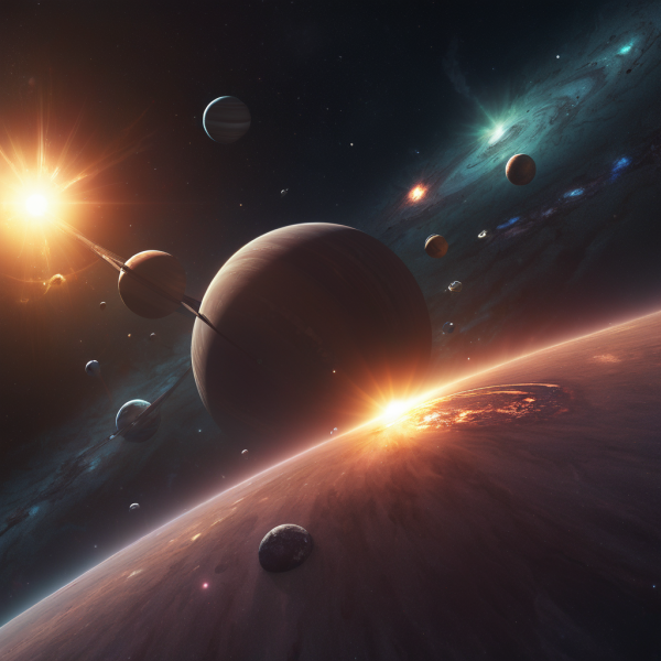 Graphic showing a lot of stylized planets with a sun and galaxy in the upper right