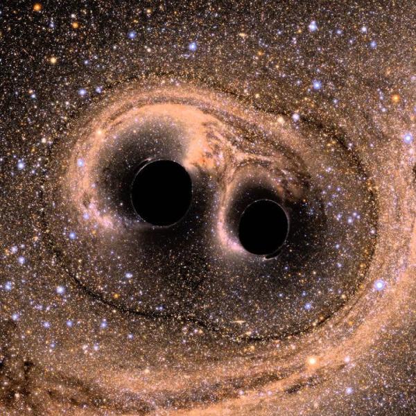 Artist illustration of two merging black holes with starfield in the backgroun