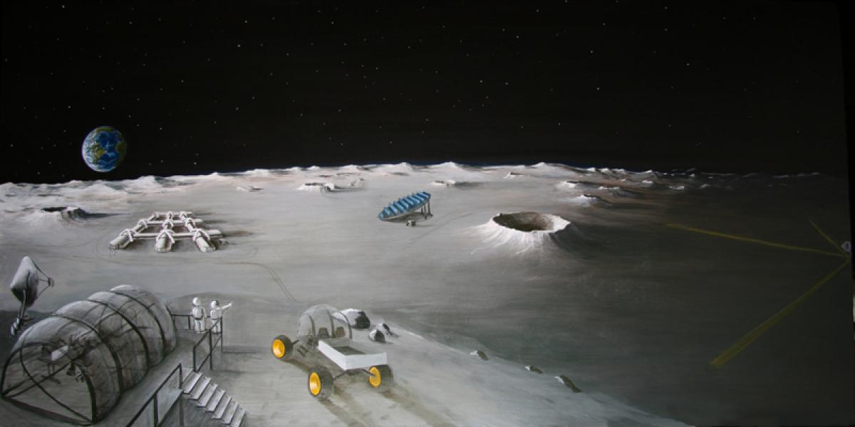 Painting titled 2054 by Brent Bishop which shows a lunar base with earth rising in the background against a star filled sky