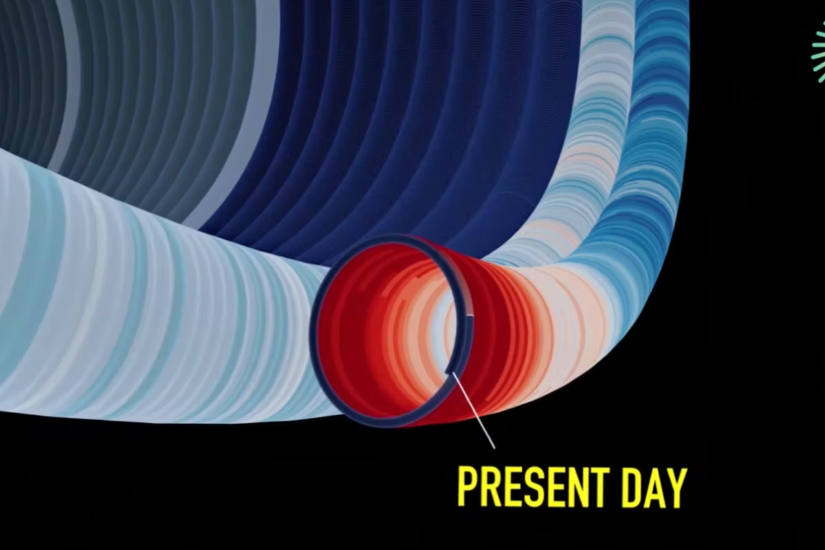 Graphic still from the film showing the time scale and clock tower project logo