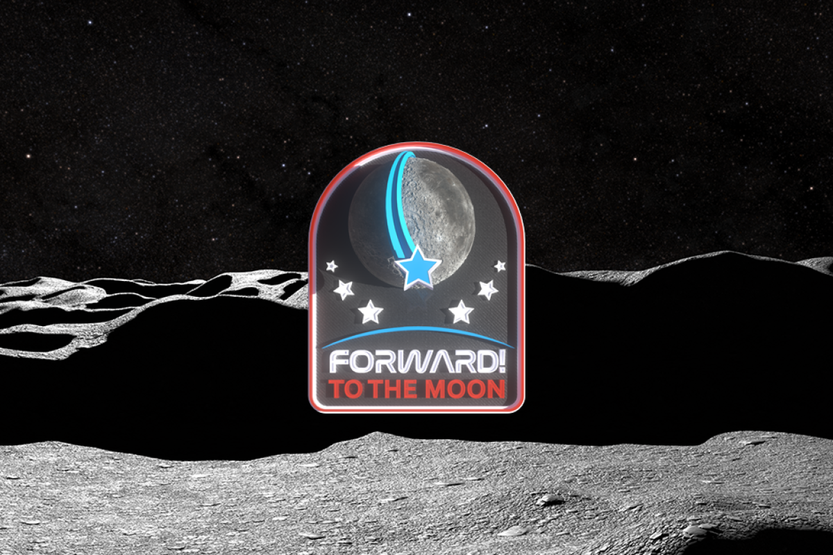 Forward to the Moon logo with a lunarscape onthe bottom