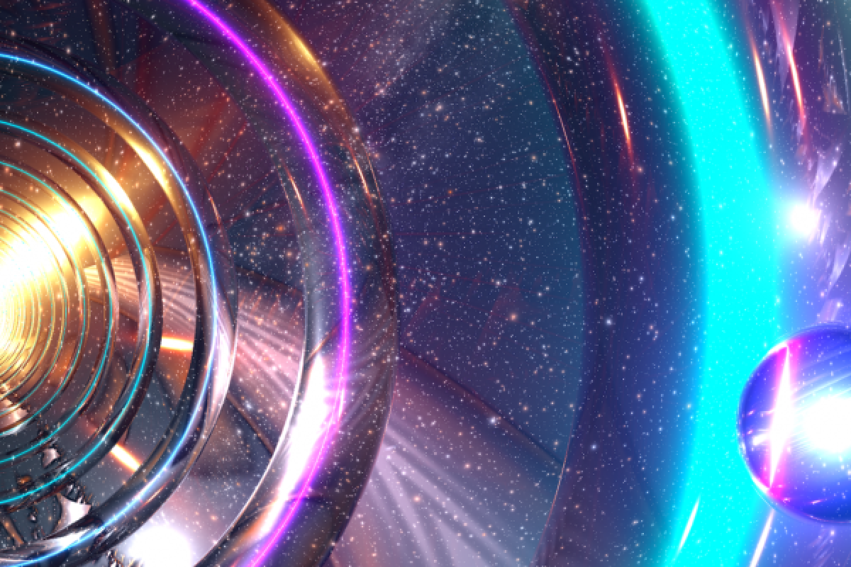 Liquid sky image with arcs and orbs in purple, blue, pink and gold
