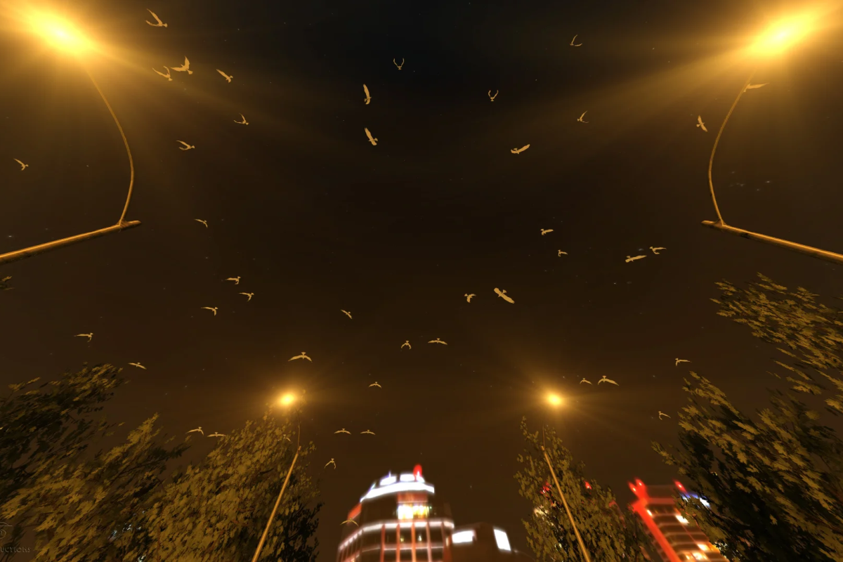 Still image of the film looking up to the night sky with glaring lights every where