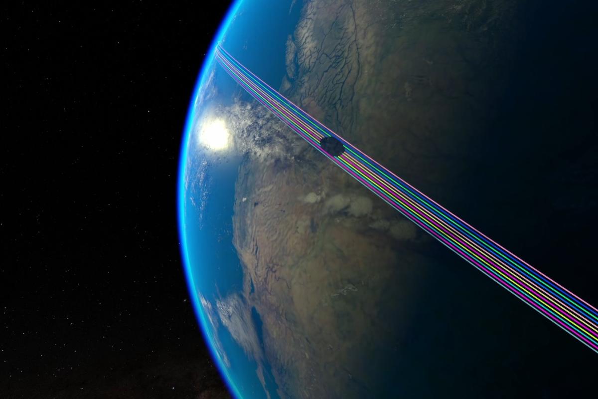 Graphic from film showing the limb of earth with ocean and land and the path of an asteroid in colorful lines