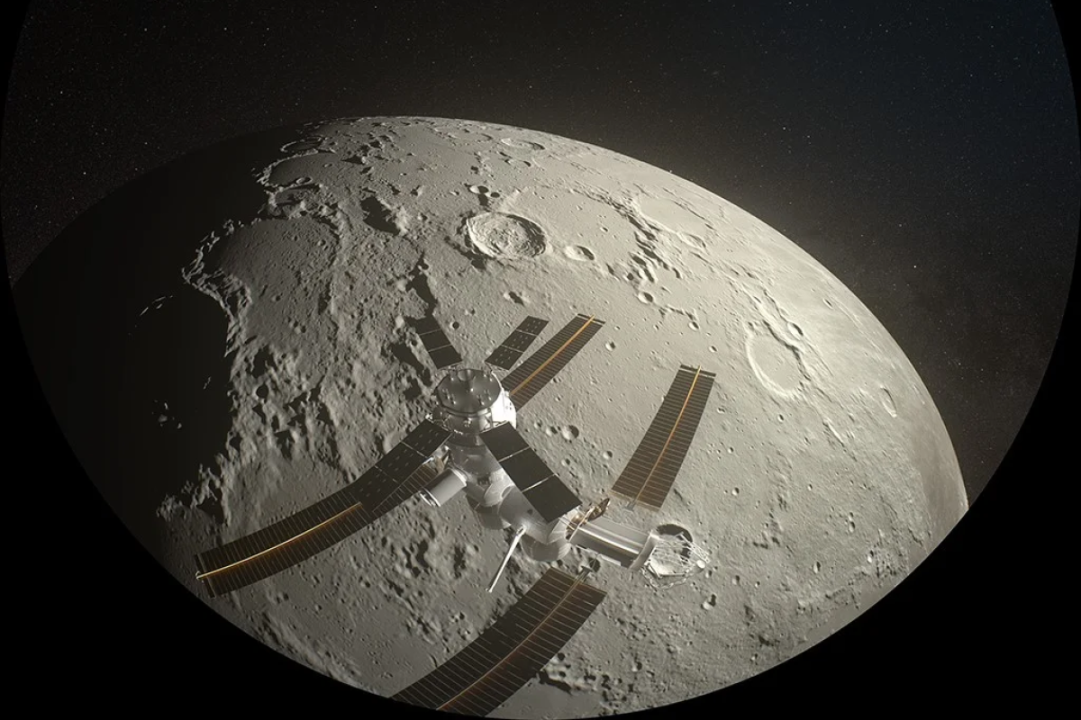 Still image from short film of the Moon with the Orion spacecraft